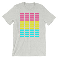 Pink Yellow Cyan Bars Unisex T-Shirt Abyssinian Kiosk Rectangle Bars Spaced Evenly Grid Pattern Fashion Cotton Apparel Clothing Bella Canvas Original Art