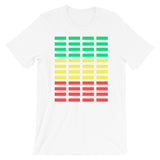 Green Yellow Red Grid Bars Unisex T-Shirt Abyssinian Kiosk Rectangle Bars Spaced Evenly Grid Pattern Fashion Cotton Apparel Clothing Bella Canvas Original Art