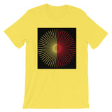 Half Blank Cube Spokes Half Red Black BG Unisex T-Shirt Abyssinian Kiosk Squares Bicycle Spokes Background Fashion Cotton Apparel Clothing Bella Canvas Original Art