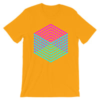 Cyan Magenta Cube Illusion Unisex T-Shirt Abyssinian Kiosk 3D Bars Polygon Fashion Cotton Apparel Clothing Bella Canvas Original Art