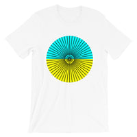 Black Cube Spokes Cyan Top Yellow Bottom Unisex T-Shirt Abyssinian Kiosk Squares Bicycle Spokes Dual Color Circle Fashion Cotton Apparel Clothing Bella Canvas Original Art