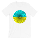 Black Cube Spokes Cyan Top Yellow Bottom Unisex T-Shirt Abyssinian Kiosk Squares Bicycle Spokes Dual Color Circle Fashion Cotton Apparel Clothing Bella Canvas Original Art