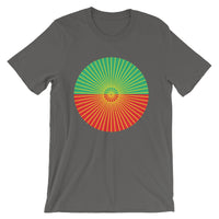 Yellow Cube Spokes Green Top Red Bottom Unisex T-Shirt Abyssinian Kiosk Squares Bicycle Spokes Dual Color Circle Fashion Cotton Apparel Clothing Bella Canvas Original Art