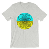 Black Cube Spokes Cyan Top Yellow Bottom Unisex T-Shirt Abyssinian Kiosk Squares Bicycle Spokes Dual Color Circle Fashion Cotton Apparel Clothing Bella Canvas Original Art