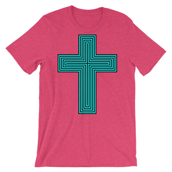 Cyan & Black Maze Cross Unisex T-Shirt Abyssinian Kiosk Christian Jesus Religion Lined Latin Cross Bella Canvas Original Art Fashion Cotton Apparel Clothing