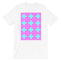 Criss Cross Magenta Cyan Unisex T-Shirt Abyssinian Kiosk 12 Small Equal Arm Crosses Christian Bella Canvas Original Art Fashion Cotton Apparel Clothing