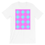 Criss Cross Magenta Cyan Unisex T-Shirt Abyssinian Kiosk 12 Small Equal Arm Crosses Christian Bella Canvas Original Art Fashion Cotton Apparel Clothing