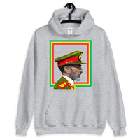 Haile Selassie Color Profile GYR Frame Unisex Hoodie Abyssinian Kiosk Emperor Rasta Rastafari Green Yellow Red Ethiopian Flag Ethiopia Africa African Abyssinia Habesha History Military Uniform Art Portrait Vintage Reggae Gildan Original Art Fashion Cotton Apparel Clothing