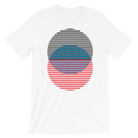 Black Blue Red Lined Circles Unisex T-Shirt Abyssinian Kiosk Joining Circles Fashion Cotton Apparel Clothing Bella Canvas Original Art