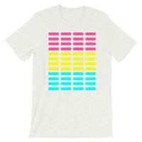 Pink Yellow Cyan Bars Unisex T-Shirt Abyssinian Kiosk Rectangle Bars Spaced Evenly Grid Pattern Fashion Cotton Apparel Clothing Bella Canvas Original Art