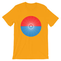 White Cube Spokes Red Top Blue Bottom Unisex T-Shirt Abyssinian Kiosk Squares Bicycle Spokes Dual Color Circle Fashion Cotton Apparel Clothing Bella Canvas Original Art 