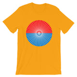 White Cube Spokes Red Top Blue Bottom Unisex T-Shirt Abyssinian Kiosk Squares Bicycle Spokes Dual Color Circle Fashion Cotton Apparel Clothing Bella Canvas Original Art 