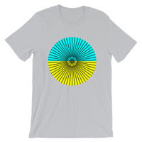 Black Cube Spokes Cyan Top Yellow Bottom Unisex T-Shirt Abyssinian Kiosk Squares Bicycle Spokes Dual Color Circle Fashion Cotton Apparel Clothing Bella Canvas Original Art