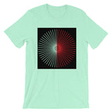 Half Blank Cube Spokes Half Red Black BG Unisex T-Shirt Abyssinian Kiosk Squares Bicycle Spokes Background Fashion Cotton Apparel Clothing Bella Canvas Original Art