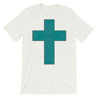 Cyan & Black Maze Cross Unisex T-Shirt Abyssinian Kiosk Christian Jesus Religion Lined Latin Cross Bella Canvas Original Art Fashion Cotton Apparel Clothing