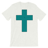 Cyan & Black Maze Cross Unisex T-Shirt Abyssinian Kiosk Christian Jesus Religion Lined Latin Cross Bella Canvas Original Art Fashion Cotton Apparel Clothing