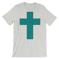 Cyan & Black Maze Cross Unisex T-Shirt Abyssinian Kiosk Christian Jesus Religion Lined Latin Cross Bella Canvas Original Art Fashion Cotton Apparel Clothing