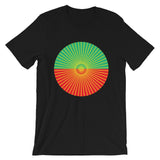 Yellow Cube Spokes Green Top Red Bottom Unisex T-Shirt Abyssinian Kiosk Squares Bicycle Spokes Dual Color Circle Fashion Cotton Apparel Clothing Bella Canvas Original Art