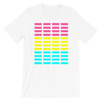 Pink Yellow Cyan Bars Unisex T-Shirt Abyssinian Kiosk Rectangle Bars Spaced Evenly Grid Pattern Fashion Cotton Apparel Clothing Bella Canvas Original Art