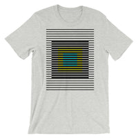 Black Stripes Yellow Cyan Squares Unisex T-Shirt Squares Within Lines Abyssinian Kiosk Fashion Cotton Apparel Clothing Bella Canvas Original Art