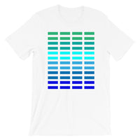 Green to Blue Grid Bars Unisex T-Shirt Abyssinian Kiosk Rectangle Bars Spaced Evenly Grid Pattern Fashion Cotton Apparel Clothing Bella Canvas Original Art