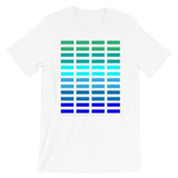 Green to Blue Grid Bars Unisex T-Shirt Abyssinian Kiosk Rectangle Bars Spaced Evenly Grid Pattern Fashion Cotton Apparel Clothing Bella Canvas Original Art