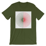 Half Blank Cube Spokes Half Red White BG Unisex T-Shirt Abyssinian Kiosk Squares Bicycle Spokes Background Fashion Cotton Apparel Clothing Bella Canvas Original Art