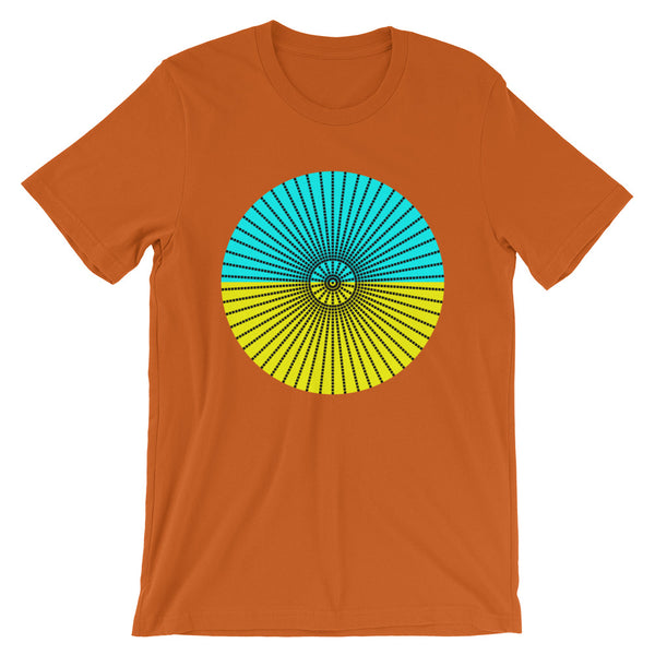 Black Cube Spokes Cyan Top Yellow Bottom Unisex T-Shirt Abyssinian Kiosk Squares Bicycle Spokes Dual Color Circle Fashion Cotton Apparel Clothing Bella Canvas Original Art