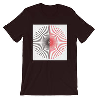 Half Blank Cube Spokes Half Red White BG Unisex T-Shirt Abyssinian Kiosk Squares Bicycle Spokes Background Fashion Cotton Apparel Clothing Bella Canvas Original Art