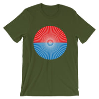 White Cube Spokes Red Top Blue Bottom Unisex T-Shirt Abyssinian Kiosk Squares Bicycle Spokes Dual Color Circle Fashion Cotton Apparel Clothing Bella Canvas Original Art 