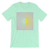 Half Blank Half Yellow Cube Spokes Grey BG Unisex T-Shirt Abyssinian Kiosk Squares Bicycle Spokes Background Fashion Cotton Apparel Clothing Bella Canvas Original Art