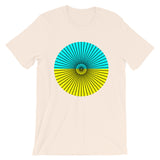 Black Cube Spokes Cyan Top Yellow Bottom Unisex T-Shirt Abyssinian Kiosk Squares Bicycle Spokes Dual Color Circle Fashion Cotton Apparel Clothing Bella Canvas Original Art