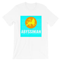 Abyssinian Logo Cyan Background Unisex T-Shirt Abyssinian Kiosk Ethiopian Lion of Judah Amharic Ethiopia Bella Canvas Original Art