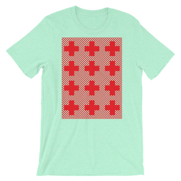 Criss Cross Red Unisex T-Shirt Abyssinian Kiosk 12 Small Equal Arm Crosses Christian Bella Canvas Original Art Fashion Cotton Apparel Clothing