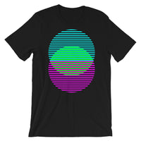 Cyan Green Magenta Lined Circles Unisex T-Shirt Abyssinian Kiosk Joining Circles Fashion Cotton Apparel Clothing Bella Canvas Original Art