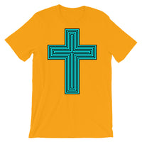 Cyan & Black Maze Cross Unisex T-Shirt Abyssinian Kiosk Christian Jesus Religion Lined Latin Cross Bella Canvas Original Art Fashion Cotton Apparel Clothing