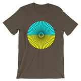 Black Cube Spokes Cyan Top Yellow Bottom Unisex T-Shirt Abyssinian Kiosk Squares Bicycle Spokes Dual Color Circle Fashion Cotton Apparel Clothing Bella Canvas Original Art