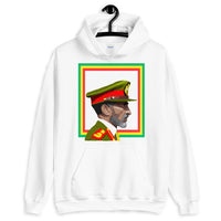 Haile Selassie Color Profile GYR Frame Unisex Hoodie Abyssinian Kiosk Emperor Rasta Rastafari Green Yellow Red Ethiopian Flag Ethiopia Africa African Abyssinia Habesha History Military Uniform Art Portrait Vintage Reggae Gildan Original Art Fashion Cotton Apparel Clothing