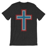 Red White Blue Empty Maze Cross Unisex T-Shirt Abyssinian Kiosk Christian Jesus Religion Lined Latin Cross Bella Canvas Original Art Fashion Cotton Apparel Clothing