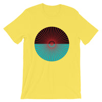 Red Cube Spokes Black Top Blue Green Bottom Unisex T-Shirt Abyssinian Kiosk Squares Bicycle Spokes Dual Color Circle Fashion Cotton Apparel Clothing Bella Canvas Original Art