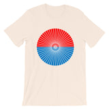 White Cube Spokes Red Top Blue Bottom Unisex T-Shirt Abyssinian Kiosk Squares Bicycle Spokes Dual Color Circle Fashion Cotton Apparel Clothing Bella Canvas Original Art 