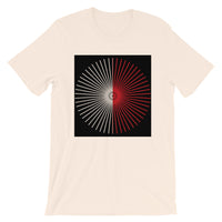 Half Blank Cube Spokes Half Red Black BG Unisex T-Shirt Abyssinian Kiosk Squares Bicycle Spokes Background Fashion Cotton Apparel Clothing Bella Canvas Original Art