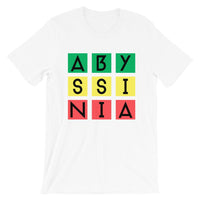 Abyssinia Black Letters in Blocks Unisex T-Shirt Abyssinian Kiosk Green Yellow Red Squares Fashion Cotton Apparel Clothing Bella Canvas Original Art 