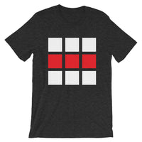 White & Red Blocks Unisex T-Shirt Abyssinian Kiosk 6 White and 3 Red Squares Spaced Evenly Fashion Cotton Apparel Clothing Bella Canvas Original Art