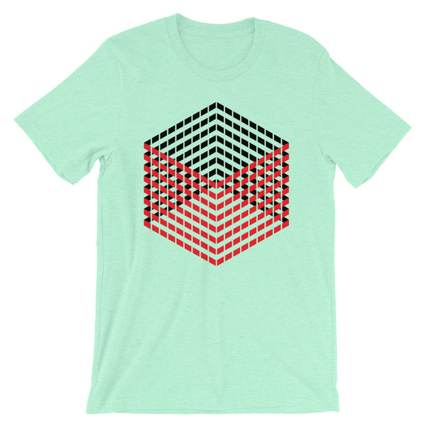 Red Black Cube Illusion Unisex T-Shirt Abyssinian Kiosk 3D Bars Polygon Fashion Cotton Apparel Clothing Bella Canvas Original Art