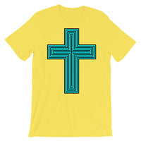 Cyan & Black Maze Cross Unisex T-Shirt Abyssinian Kiosk Christian Jesus Religion Lined Latin Cross Bella Canvas Original Art Fashion Cotton Apparel Clothing