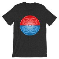 White Cube Spokes Red Top Blue Bottom Unisex T-Shirt Abyssinian Kiosk Squares Bicycle Spokes Dual Color Circle Fashion Cotton Apparel Clothing Bella Canvas Original Art 