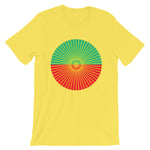 Yellow Cube Spokes Green Top Red Bottom Unisex T-Shirt Abyssinian Kiosk Squares Bicycle Spokes Dual Color Circle Fashion Cotton Apparel Clothing Bella Canvas Original Art