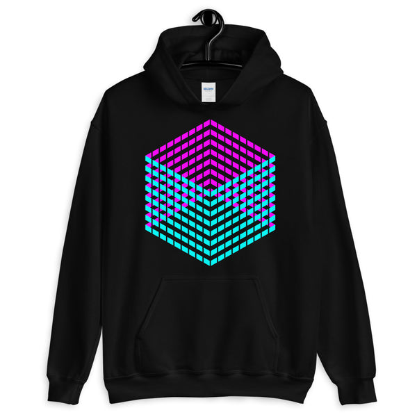 Cyan Magenta Cube Illusion Unisex Hoodie Abyssinian Kiosk 3D Bars Polygon Fashion Cotton Apparel Clothing Gildan Original Art