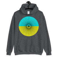 Black Cube Spokes Cyan Top Yellow Bottom Unisex Hoodie Abyssinian Kiosk Squares Bicycle Spokes Dual Color Circle Fashion Cotton Apparel Clothing Gildan Original Art